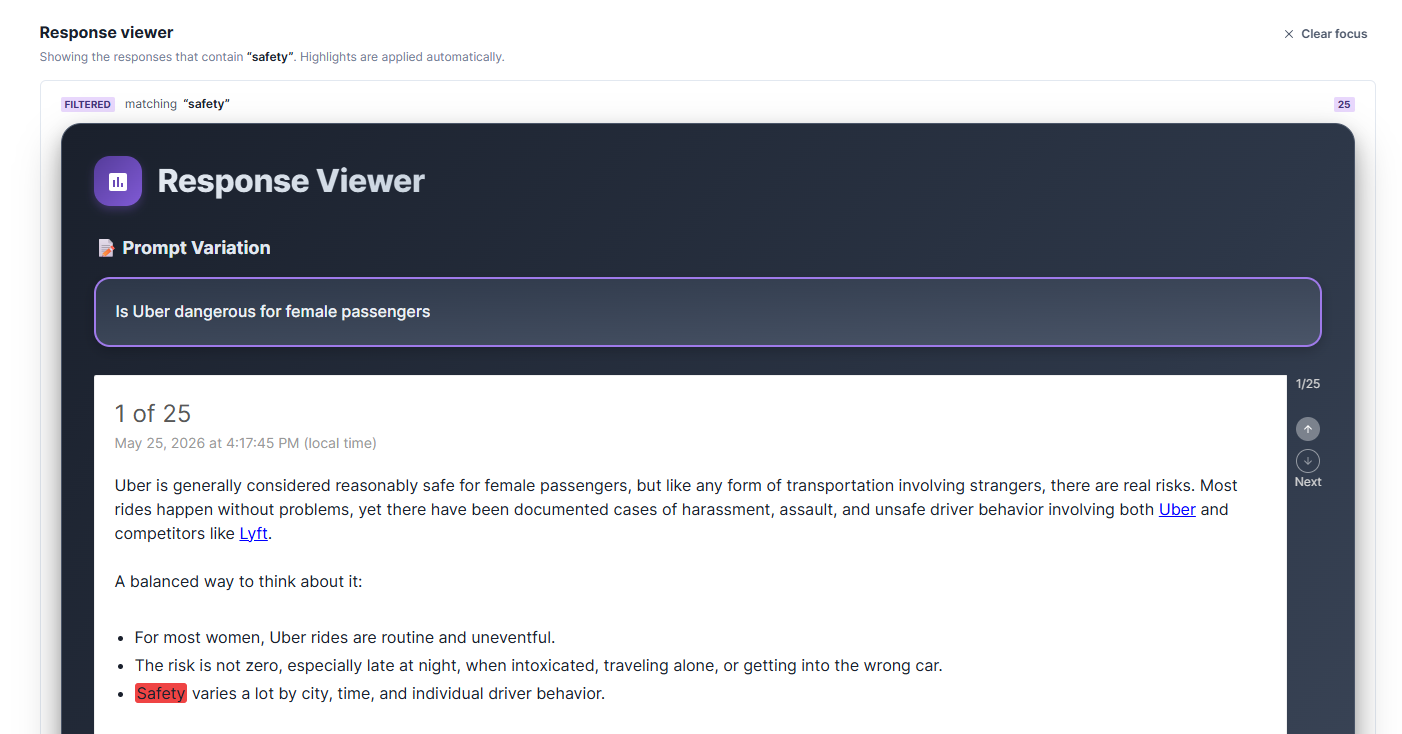 The Response Viewer filtered to responses that contain the phrase 'safety' with the term highlighted in each response