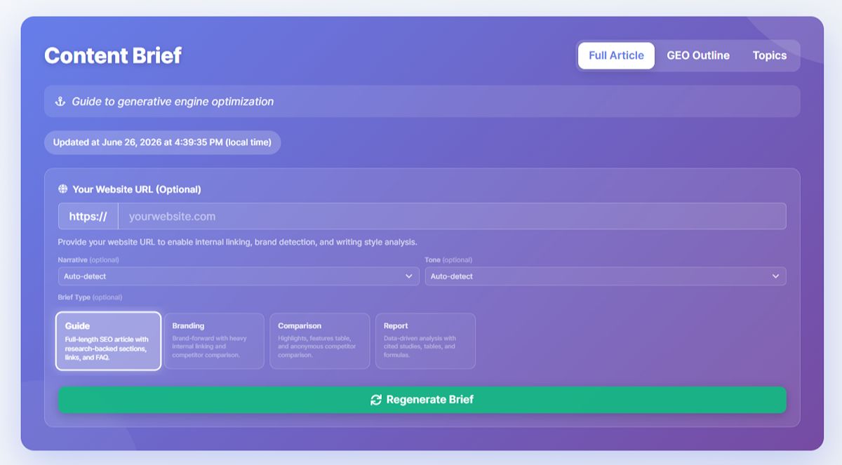 The Full Article tab configuration screen showing the website URL field, Narrative and Tone dropdowns, the four Brief Type cards with Guide selected, and the green Regenerate Brief button