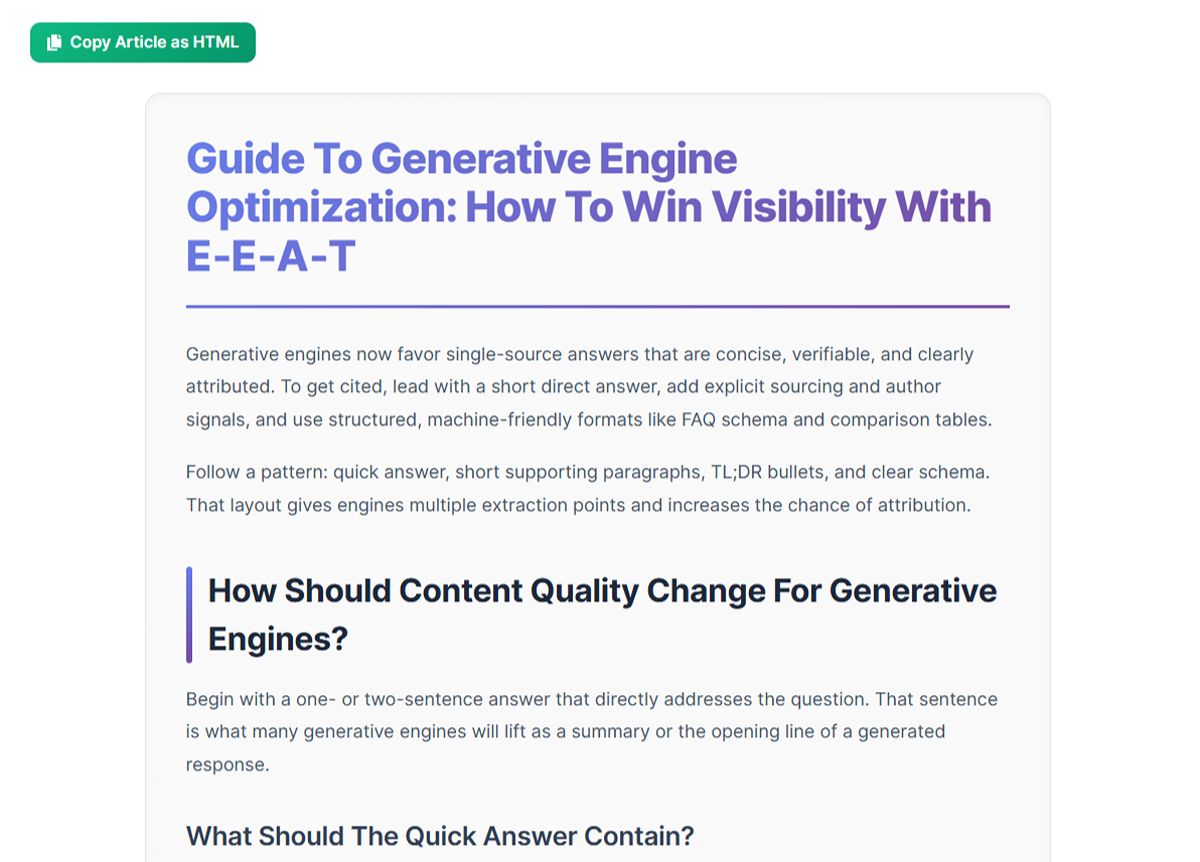 The Full Article rendered output showing the generated article title, intro paragraph, and the first H2 question section with an inline citation link