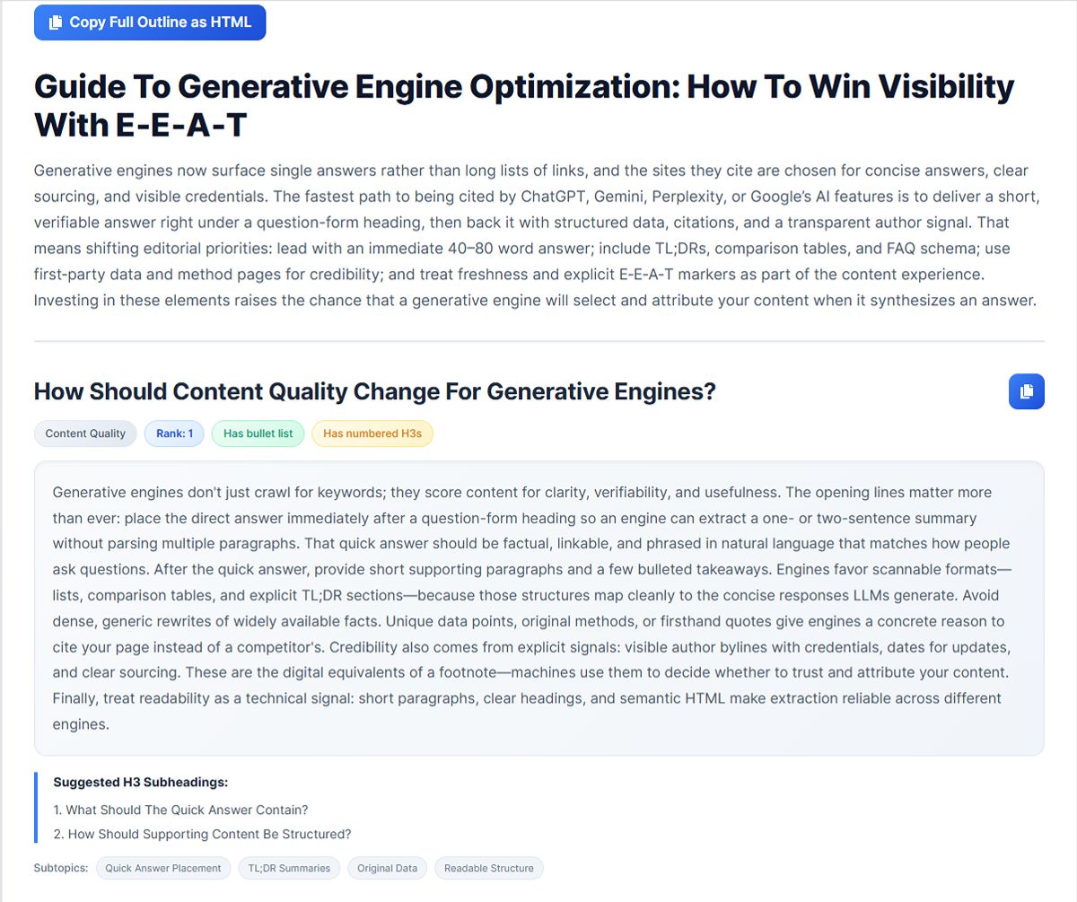 The GEO Outline view showing the article title, intro paragraph, and a ranked section with topic tag, Rank pill, format indicator pills, expanded answer snippet, suggested H3 subheadings, and subtopics chips