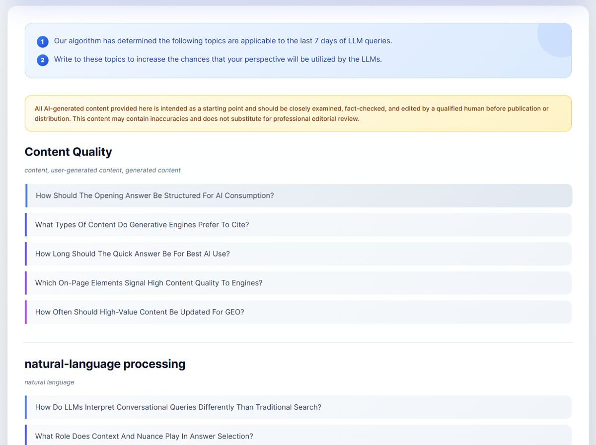 The Content Brief Topics tab showing a topic heading with related keywords and a list of influencing questions underneath