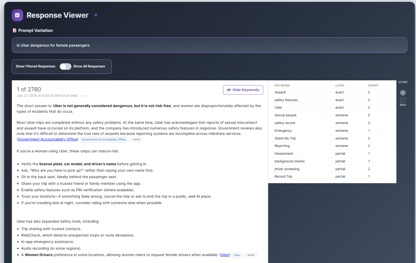 The Response Viewer in Citate with Show Keywords enabled, showing a full response with the side panel listing each keyword's match level and count